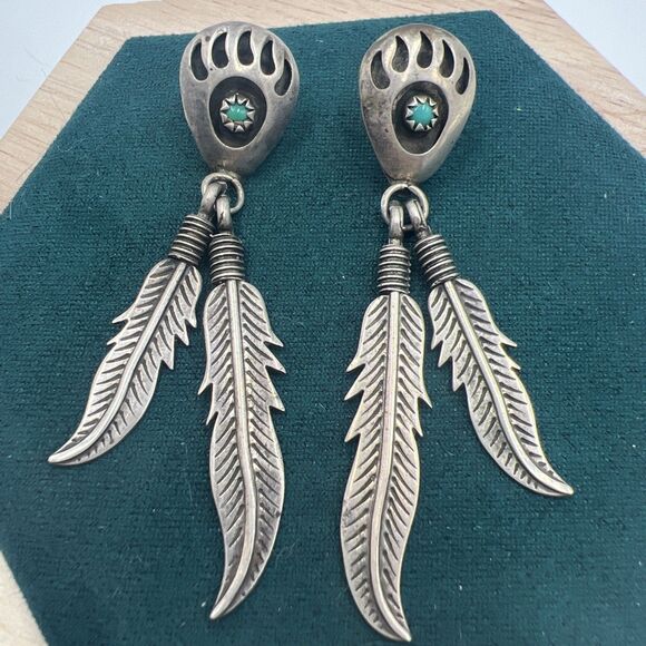 Percy Sterling Silver Turquoise Earrings True Navajo Feathers Dangle Bear Paw